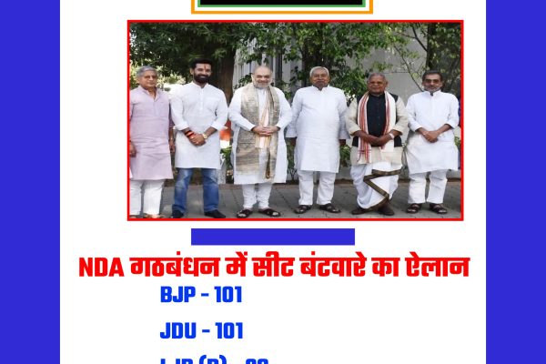 बिहार विधानसभा चुनाव को लेकर NDA में सीट बंटवारे का ऐलान हो गया है!